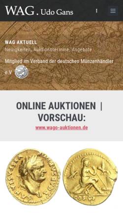 Vorschau der mobilen Webseite www.wag-auktionen.de, Westfälische Auktionsgesellschaft für Münzen und Medaillen