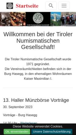 Vorschau der mobilen Webseite www.tiroler-numismatik.at, Tiroler Numismatische Gesellschaft