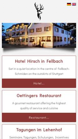 Vorschau der mobilen Webseite www.hotel-hirsch-fellbach.de, Hotel Hirsch Restaurant