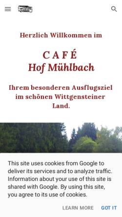 Vorschau der mobilen Webseite www.hof-muehlbach.de, Cafe-Restaurant Hof Mühlbach