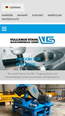 Vorschau der mobilen Webseite www.vulcanus-stahl.de, Vulcanus Stahl & Maschinenbau GmbH