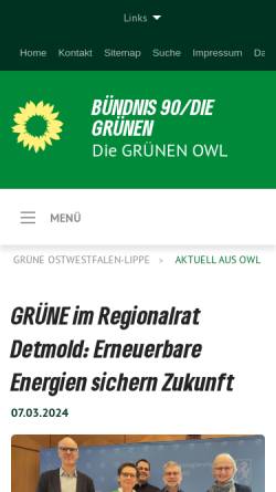 Vorschau der mobilen Webseite www.gruene-owl.de, Bündnis 90/Die Grünen Bezirksverband Ostwestfalen-Lippe