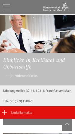 Vorschau der mobilen Webseite www.buergerhospital-frankfurt.de, Bürgerhospital Frankfurt am Main e.V.