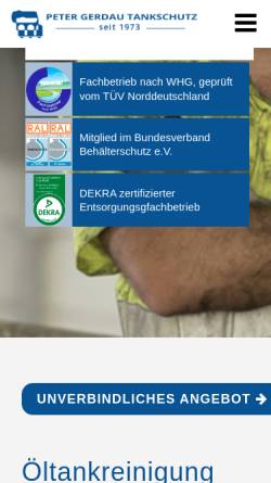 Vorschau der mobilen Webseite www.tanksanierung.de, Peter Gerdau Tankschutz