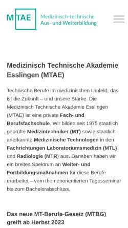 Vorschau der mobilen Webseite www.mtae.de, Medizinisch-Technische Akademie Esslingen