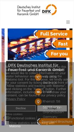 Vorschau der mobilen Webseite www.difk.de, DIFK Deutsches Institut für Feuerfest und Keramik GmbH