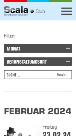 Vorschau der mobilen Webseite www.scala-leverkusen.de, Scala Leverkusen - Cantina, Club, Cinema