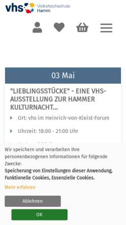 Vorschau der mobilen Webseite www.vhshamm.de, Volkshochschule Hamm