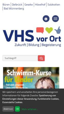 Vorschau der mobilen Webseite www.vhs-vor-ort.de, Volkshochschul-Zweckverband Büren, Salzkotten, Delbrück und Bad Wünnenberg