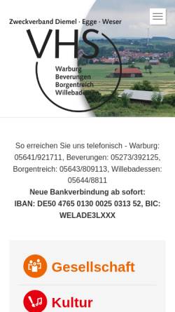 Vorschau der mobilen Webseite www.vhs-diemel-egge-weser.de, VHS-Zweckverband Diemel-Egge-Weser