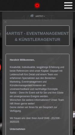 Vorschau der mobilen Webseite www.4artist.de, 4artist - Eventmanagement & Künstleragentur