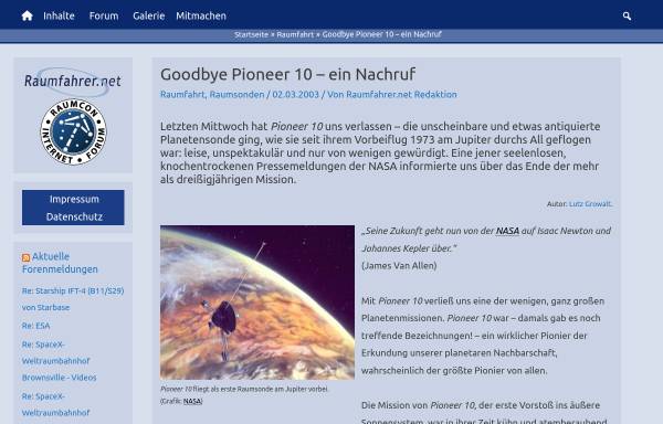 Vorschau von www.raumfahrer.net, Goodbye Pioneer 10 - Ein Nachruf