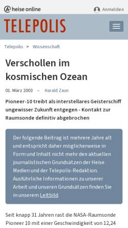 Vorschau der mobilen Webseite www.heise.de, Verschollen im kosmischen Ozean