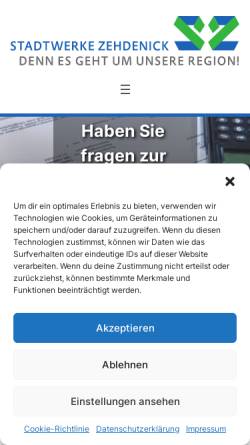 Vorschau der mobilen Webseite www.stadtwerke-zehdenick.de, Stadtwerke Zehdenick GmbH