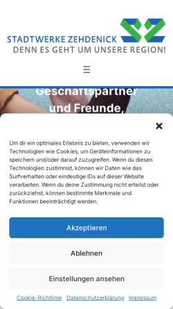 Vorschau der mobilen Webseite www.stadtwerke-zehdenick.de, Stadtwerke Zehdenick GmbH