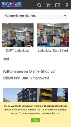 Vorschau der mobilen Webseite www.billard-essen.de, Simanowski Billard- und Sport Vertriebs GmbH