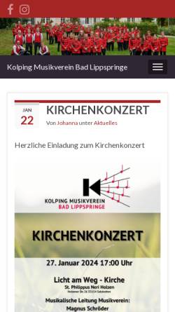 Vorschau der mobilen Webseite www.kolping-musikverein.de, Kolping Musikverein Bad Lippspringe e.V.