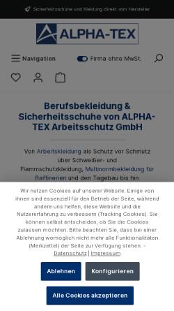 Vorschau der mobilen Webseite www.alpha-tex.de, Alpha-Tex Arbeitsschutz GmbH