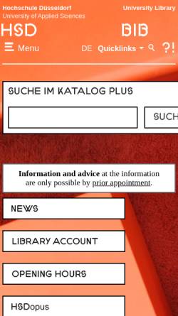 Vorschau der mobilen Webseite bib.hs-duesseldorf.de, Bibliothek der Fachhochschule Düsseldorf