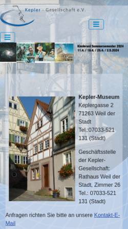 Vorschau der mobilen Webseite www.kepler-museum.de, Kepler-Museum