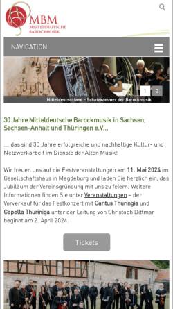 Vorschau der mobilen Webseite www.mitteldeutsche-barockmusik.de, Mitteldeutsche Barockmusik