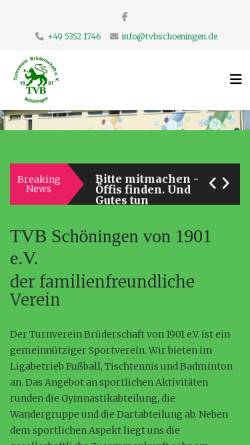 Vorschau der mobilen Webseite www.tvbschoeningen.de, Turnverein Brüderschaft Schöningen von 1901 e.V.