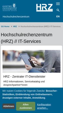 Vorschau der mobilen Webseite www.rz.uni-frankfurt.de, Johann Wolfgang Goethe-Universität - Hochschulrechenzentrum [HRZ]