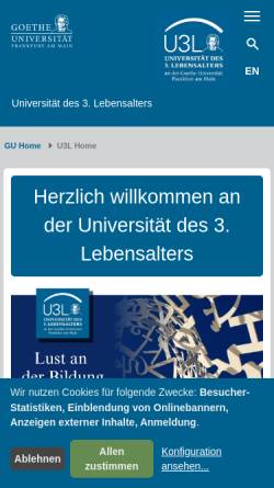 Vorschau der mobilen Webseite www.u3l.uni-frankfurt.de, Universität des 3. Lebensalters an der Johann Wolfgang Goethe-Universität e.V. (U3L)