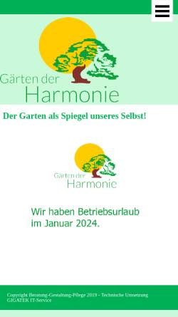 Vorschau der mobilen Webseite www.harmoniegaerten.de, Gartenlandschaftsbau Bärbel Mehler