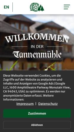 Vorschau der mobilen Webseite www.tannenmuehle.de, Waldhotel und Gasthaus Tannmühle