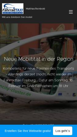 Vorschau der mobilen Webseite www.fahrradtaxi-freiburg.de, Fahrradtaxi Freiburg, R&R Medi-Business Freiburg GmbH
