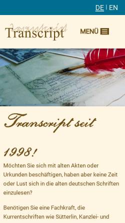 Vorschau der mobilen Webseite www.transkription.de, Tanscript - Sütterlin- und Handschriftübersetzungen