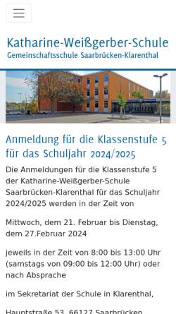 Vorschau der mobilen Webseite www.katharine-weissgerber-schule.de, ERS Erweiterte Realschule Klarenthal