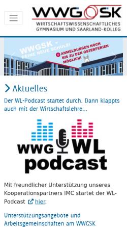 Vorschau der mobilen Webseite www.wwgsk.de, WWG-SG Wirtschaftswissenschaftliches Gymnasium und Saarland-Kolleg Burbach