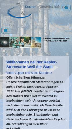 Vorschau der mobilen Webseite www.kepler-sternwarte.de, Kepler-Sternwarte Weil der Stadt