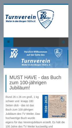 Vorschau der mobilen Webseite tv-weiler.de, Turnverein Weiler i.d.B.