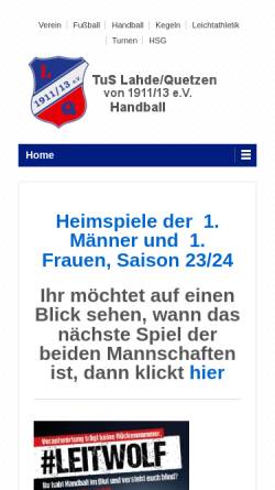Vorschau der mobilen Webseite www.tlq-handball.de, TuS Lahde/Quetzen von 1911/13 e.V., Handballabteilung