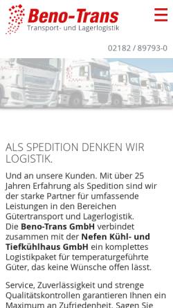 Vorschau der mobilen Webseite www.beno-trans.de, Beno-Trans Bernhard & Norbert Nefen Transport- und Warenhandels GmbH