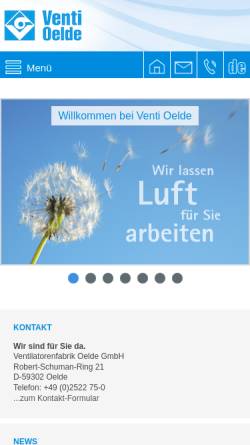 Vorschau der mobilen Webseite www.venti-oelde.de, Ventilatorenfabrik Oelde GmbH