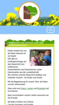 Vorschau der mobilen Webseite www.gut-hixholz.de, Bauernhof Gut Hixholz - Familie Greshake