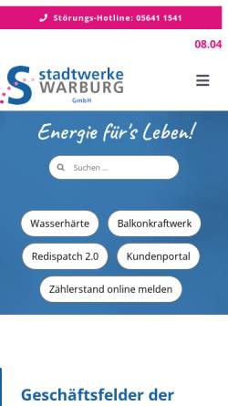 Vorschau der mobilen Webseite www.stadtwerke-warburg.de, Stadtwerke Warburg GmbH