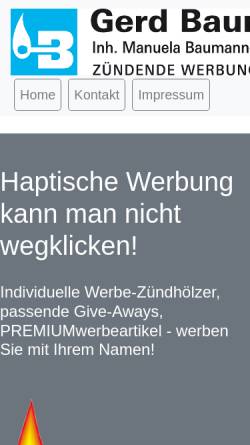 Vorschau der mobilen Webseite www.zuendholz-baumann.de, Gerd Baumann Zündholz-Werbung