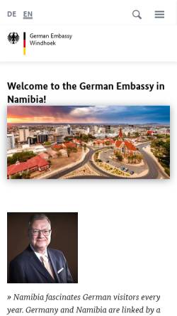 Vorschau der mobilen Webseite windhuk.diplo.de, Namibia, deutsche Botschaft in Windhuk