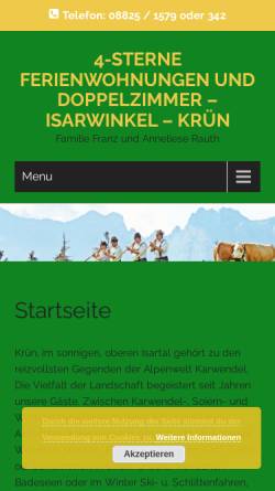 Vorschau der mobilen Webseite www.isarwinkel-kruen.de, Gästehaus Isarwinkel