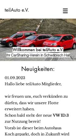 Vorschau der mobilen Webseite www.teilauto-hall.de, TeilAuto e.V - ohne eigenes Auto mobil