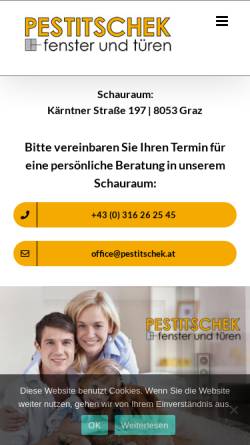 Vorschau der mobilen Webseite www.pestitschek.at, Pestitschek Fenster und Türen