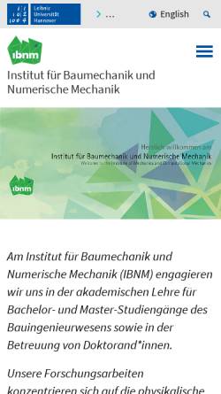 Vorschau der mobilen Webseite www.ibnm.uni-hannover.de, Institut für Baumechanik und Numerische Mechanik (IBNM)