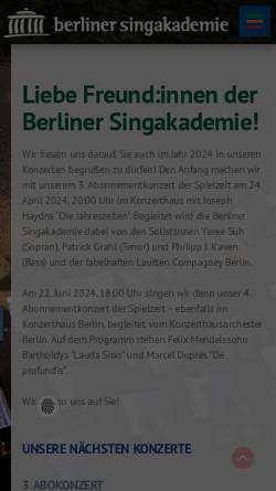 Vorschau der mobilen Webseite www.berliner-singakademie.de, Berliner Singakademie e.V
