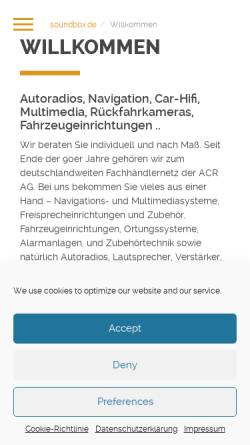 Vorschau der mobilen Webseite soundbox.de, Soundbox - das autotelefon flensburg repair GmbH