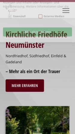 Vorschau der mobilen Webseite friedhof-neumuenster.de, Kirchliche Friedhöfe Neumünster, Einfeld, Gadeland